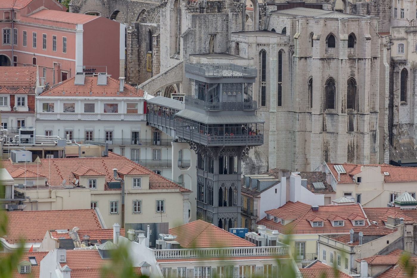 The lift and the rooftops from the walkway